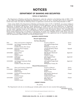 NOTICES DEPARTMENT of BANKING and SECURITIES Actions on Applications