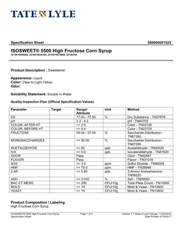 ISOSWEET® 5500 High Fructose Corn Syrup 2210010090600, 2210010028100, 2210010019800, 22100100