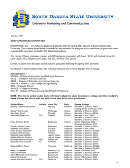 1 July 27, 2017 SDSU ANNOUNCES GRADUATES BROOKINGS, SD