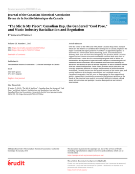 “The Mic Is My Piece”: Canadian Rap, the Gendered “Cool Pose,” and Music Industry Racialization and Regulation Francesca D’Amico