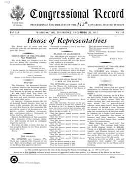 Congressional Record United States Th of America PROCEEDINGS and DEBATES of the 112 CONGRESS, SECOND SESSION