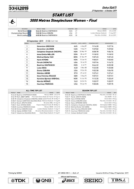 START LIST 3000 Metres Steeplechase Women - Final