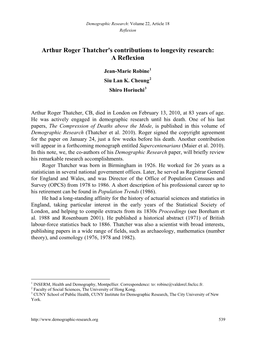 Arthur Roger Thatcher's Contributions to Longevity Research: a Reflexion