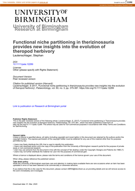 University of Birmingham Functional Niche Partitioning In