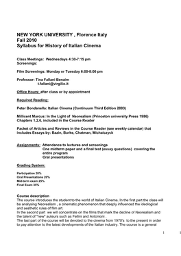 NEW YORK UNIVERSITY , Florence Italy Fall 2010 Syllabus for History of Italian Cinema