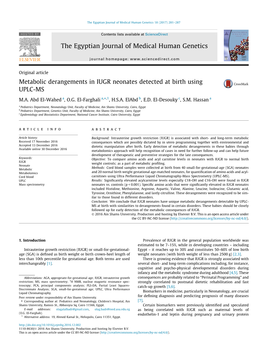 Metabolic Derangements in IUGR Neonates Detected at Birth Using UPLC-MS ⇑ M.A