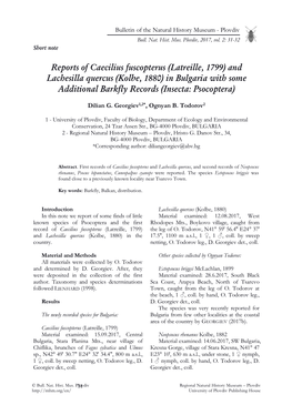 Reports of Caecilius Fuscopterus (Latreille, 1799) and Lachesilla Quercus (Kolbe, 1880) in Bulgaria with Some Additional Barkfly Records (Insecta: Psocoptera)