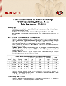 San Francisco 49Ers Vs. Minnesota Vikings NFC Divisional Playoff Game Notes Saturday, January 11, 2020