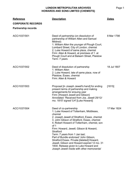 LONDON METROPOLITAN ARCHIVES HOWARDS and SONS LIMITED {CHEMISTS} ACC/1037 Page 1 Reference Description Dates CORPORATE RECORDS P