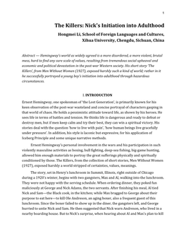 The Killers: Nick’S Initiation Into Adulthood Hongmei Li, School of Foreign Languages and Cultures, Xihua University, Chengdu, Sichuan, China