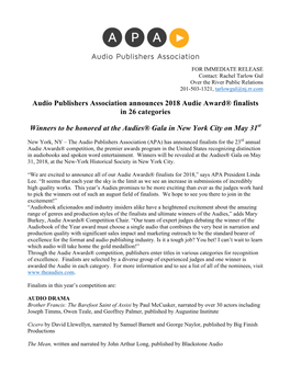 Audio Publishers Association Announces 2018 Audie Award® Finalists in 26 Categories