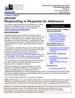 Responding to Requests for Admission This Guide Includes Instructions and Sample Forms