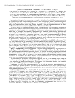 Geology of Dwarf Planet Ceres and Meteorite Analogs H