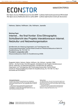 Internet... the Final Frontier. Eine Ethnographie. Schlußbericht Des Projekts 'Interaktionsraum Internet. Netzkultur Und Ne