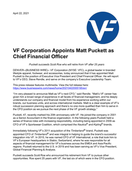 VF Corporation Appoints Matt Puckett As Chief Financial Officer