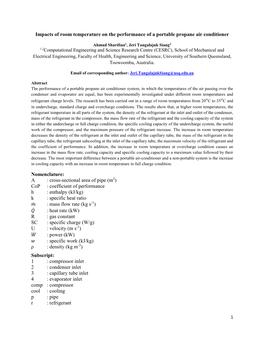 Impacts of Room Temperature on the Performance of a Portable Propane Air Conditioner Nomenclature