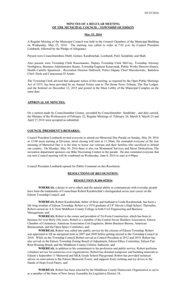 Minutes of a Regular Meeting of the Municipal Council - Township of Edison