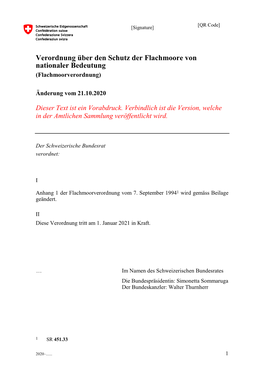 Verordnung Über Den Schutz Der Flachmoore Von Nationaler Bedeutung (Flachmoorverordnung) Änderung Vom 21.10.2020 Dieser Text Ist Ein Vorabdruck