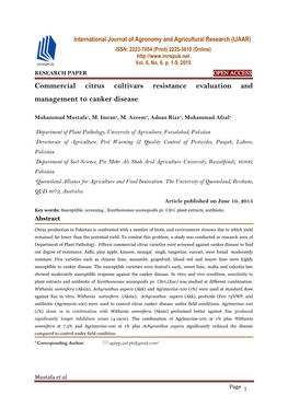 Commercial Citrus Cultivars Resistance Evaluation and Management to Canker Disease