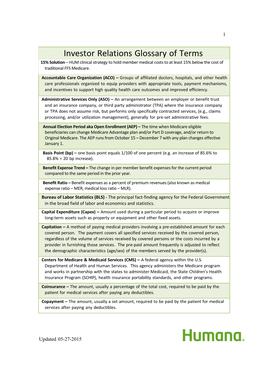 Glossary of Terms 15% Solution – HUM Clinical Strategy to Hold Member Medical Costs to at Least 15% Below the Cost of Traditional FFS Medicare