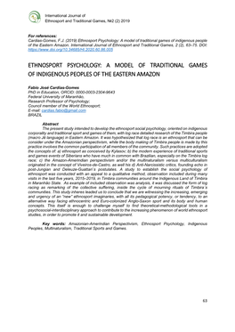 Ethnosport Psychology: a Model of Traditional Games of Indigenous People of the Eastern Amazon