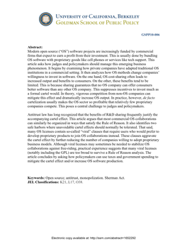 Abstract: Modern Open Source (“OS”) Software Projects Are Increasingly Funded by Commercial Firms That Expect to Earn a Profit from Their Investment