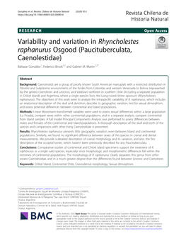 Variability and Variation in Rhyncholestes Raphanurus Osgood (Paucituberculata, Caenolestidae) Baltazar González1, Federico Brook1,2 and Gabriel M