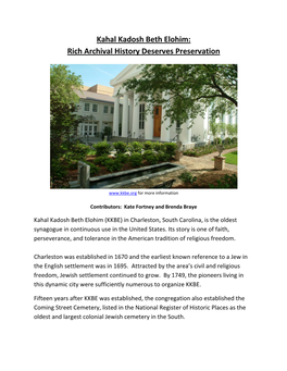 Kahal Kadosh Beth Elohim: Rich Archival History Deserves Preservation