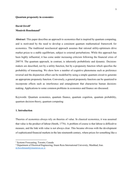 Quantum Propensity in Economics David Orrell Monireh Houshmand Abstract