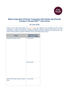 Metso Corporation (Finland): Transaction with Outotec Oyj (Finland) Changes in Russell RAFI™ Index Series