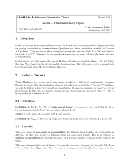 18.405J S16 Lecture 3: Circuits and Karp-Lipton