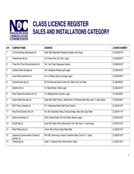 Class Licence Register Sales and Installations Category