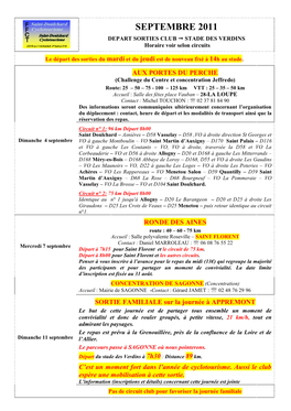 SEPTEMBRE 2011 DEPART SORTIES CLUB  STADE DES VERDINS Horaire Voir Selon Circuits Le Départ Des Sorties Du Mardi Et Du Jeudi Est De Nouveau Fixé À 14H Au Stade