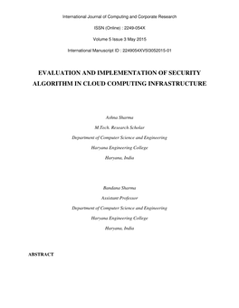 Evaluation and Implementation of Security Algorithm in Cloud Computing Infrastructure