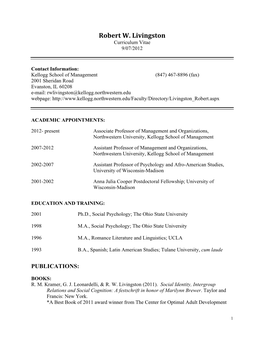 Robert W. Livingston Curriculum Vitae 9/07/2012