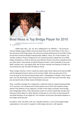 Brad Moss Is Top Bridge Player for 2010
