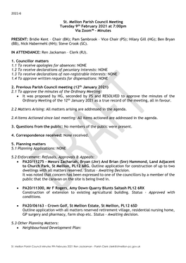 St. Mellion Parish Council Ordinary Meeting 9Th February 2021 MINUTES