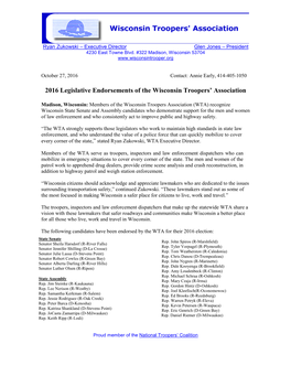 2016 Legislative Endorsements of the Wisconsin Troopers' Association