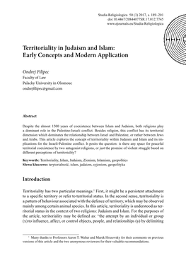 Territoriality in Judaism and Islam: Early Concepts and Modern Application