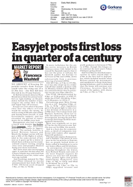 Easyjet Posts First Loss in Quarter of a Century - 1.9Pc, Or 16P, to 762.6P