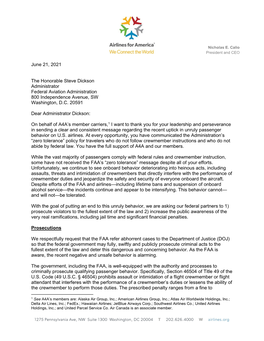 June 21, 2021 the Honorable Steve Dickson Administrator Federal Aviation Administration 800 Independence Avenue, SW Washington