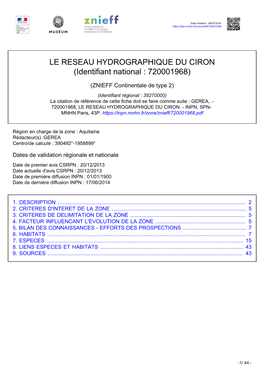 LE RESEAU HYDROGRAPHIQUE DU CIRON (Identifiant National : 720001968)