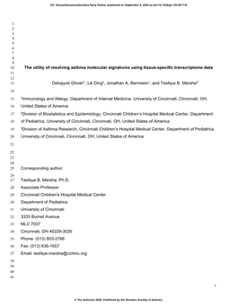 The Utility of Resolving Asthma Molecular Signatures Using Tissue-Specific Transcriptome Data 11 12 13 Debajyoti Ghosh1, Lili Ding2, Jonathan A