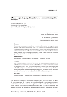 O Mar Ea Poesía Galega. Singraduras Na Construcción Da Patria