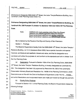 Ordinance Designating 2926-294816Th Street, the Labor Temple/Redstone Building, As 4 Landmark No