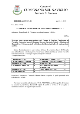 Approvazione Convenzione Tra I Comuni Di Soncino, Cumignano Sul