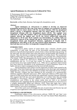 Apical Dominance in Alstroemeria Cultured in Vitro