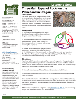Three Main Types of Rocks on the Planet and in Oregon Lesson to Grow