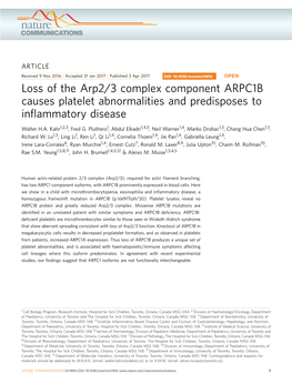 Loss of the Arp2/3 Complex Component ARPC1B Causes Platelet Abnormalities and Predisposes to Inﬂammatory Disease