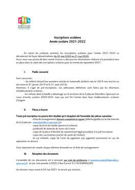 Inscriptions Scolaires Année Scolaire 2021-2022